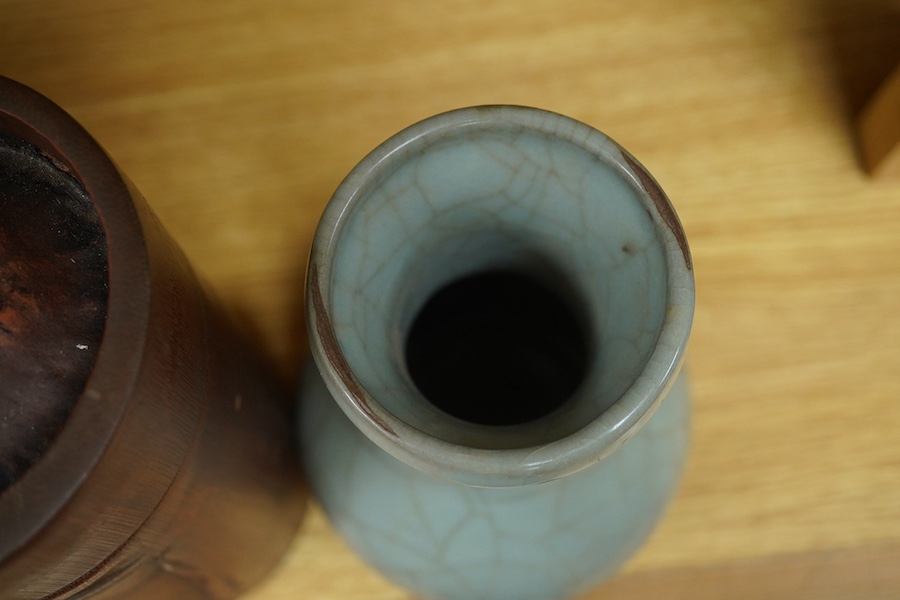 A Chinese bamboo tea cannister and crackleware vase bamboo canister, 17.5cm high. Condition - fair to good